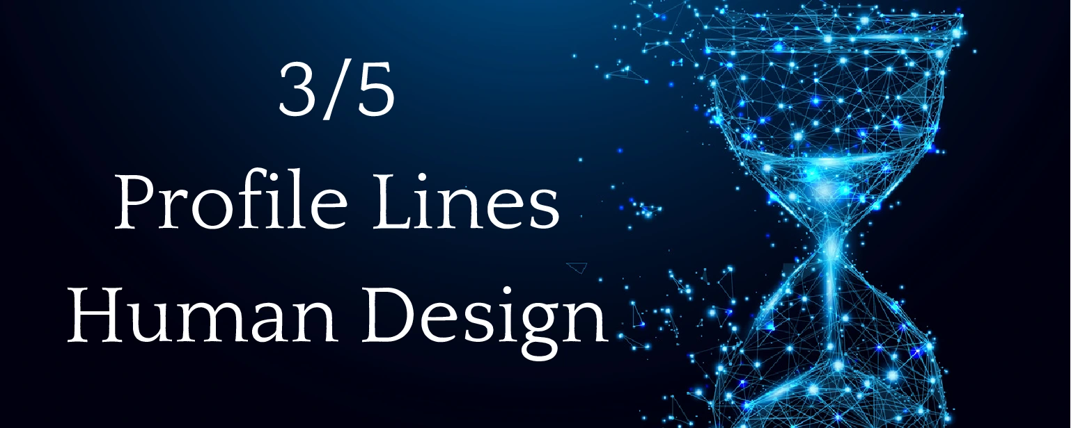 Picture with a dark background with a bright blue egg timer, sparkling with the words 3/5 Profile Lines, Martyr Heretic in Human Design