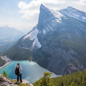 Man in an elevated view of the Mountains